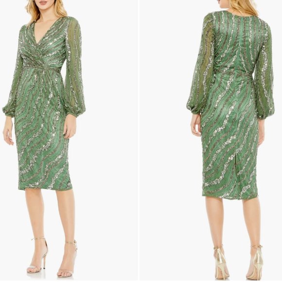 MAC DUGGAL 5573 EMBELLISHED LONG SLEEVE SAGE MIDI DRESS sz 2 - Picture 3 of 3